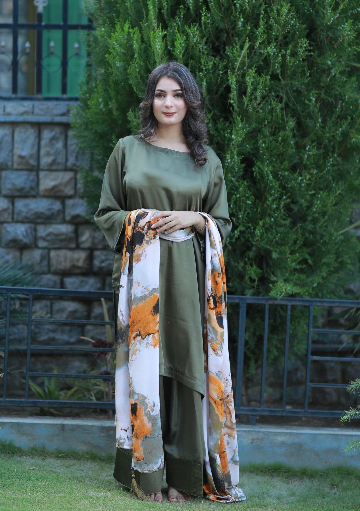 3 Piece Green Plain Silk