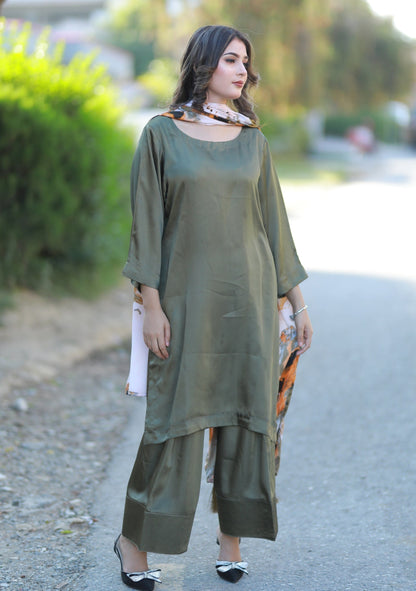 3 Piece Green Plain Silk