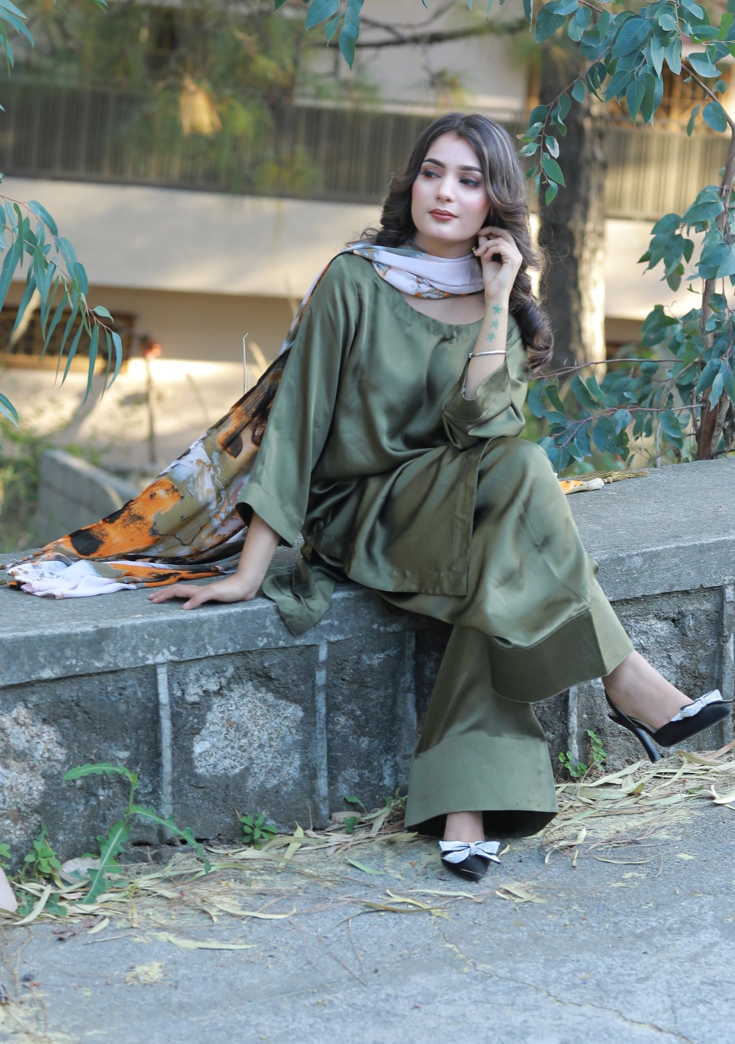 3 Piece Green Plain Silk