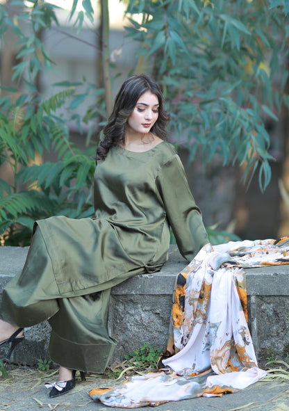 3 Piece Green Plain Silk