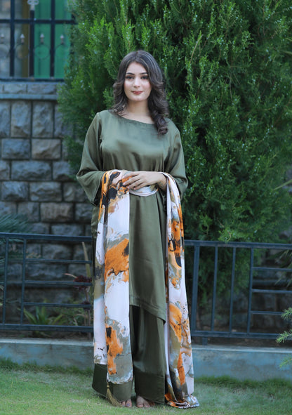 3 Piece Green Plain Silk