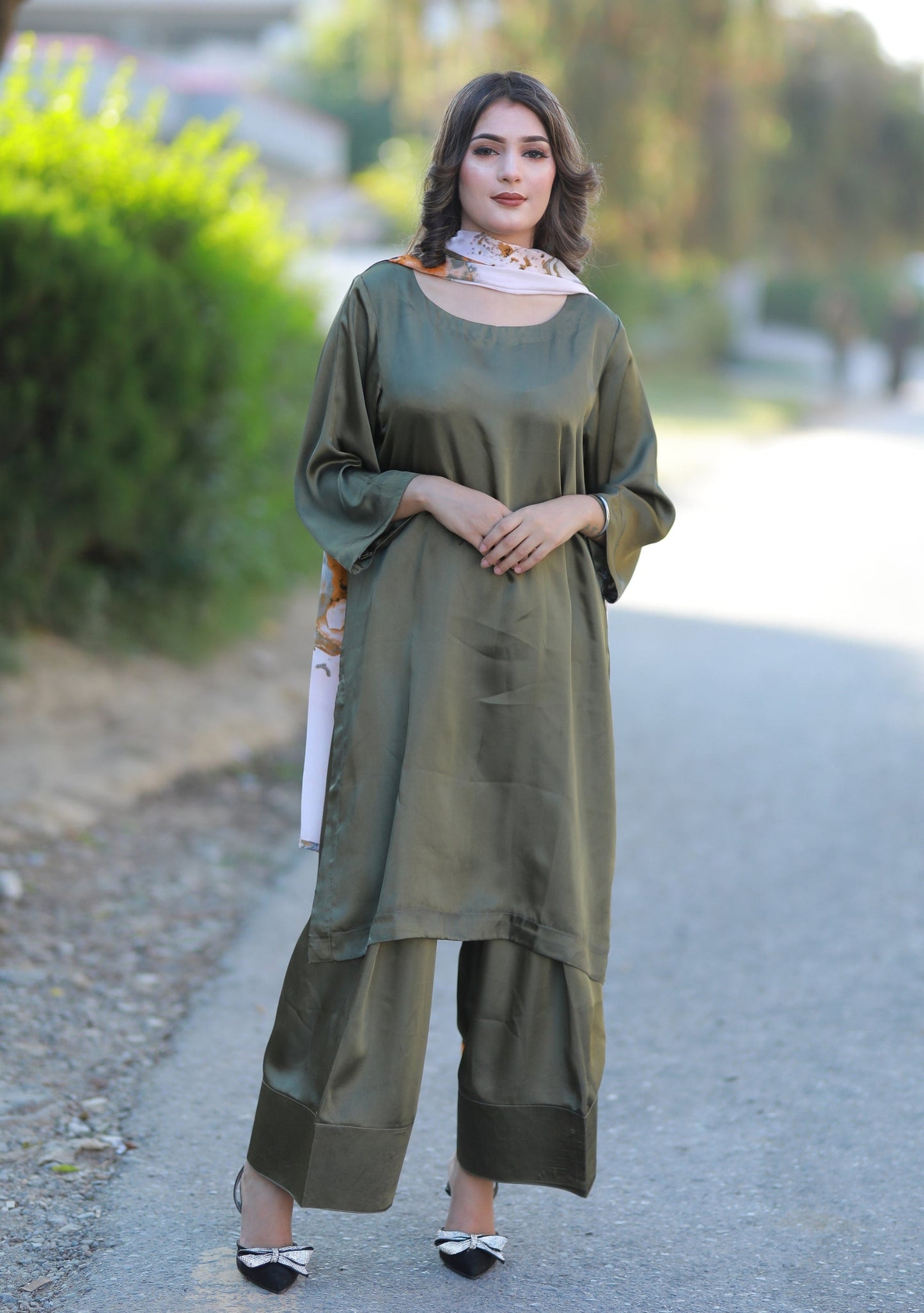 3 Piece Green Plain Silk