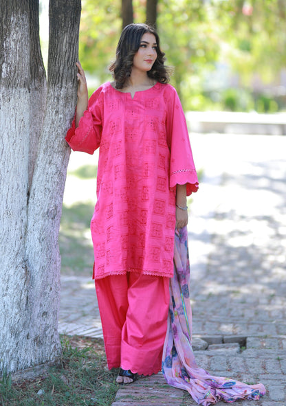 Pink Chikankari lawn 3 Piece